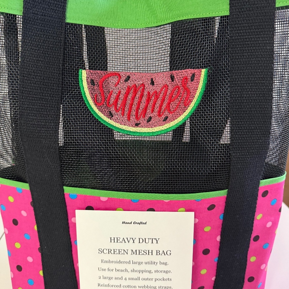 Large screen mesh embroidered tote bag with pockets